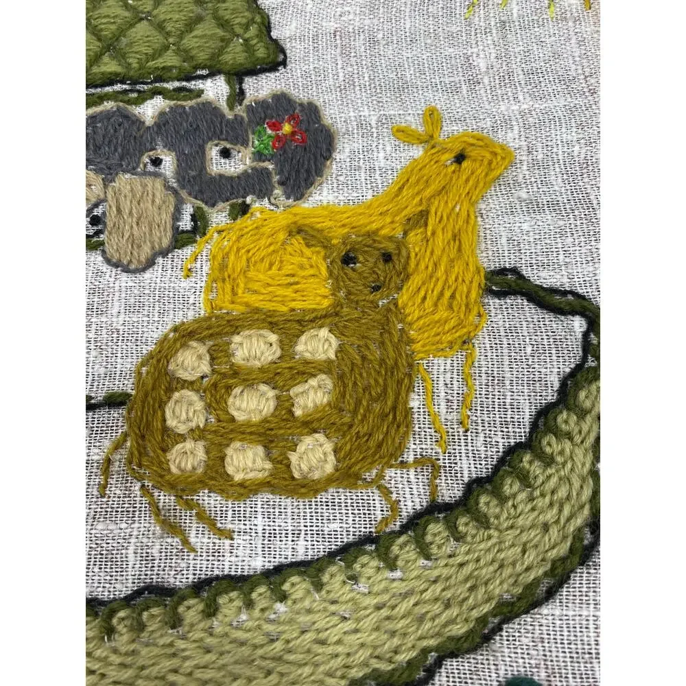 Vintage 1970s Embroidered Noah’s Ark Crewel Stitch Folk Art Nursery Picture